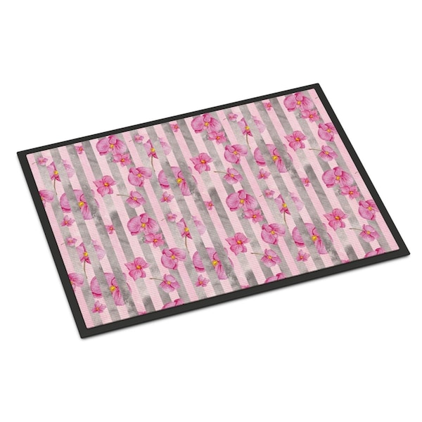 Carolines Treasures Watercolor Pink Flowers Grey Stripes Indoor or Outdoor Mat, 24 x 36 in. BB7502JMAT - main